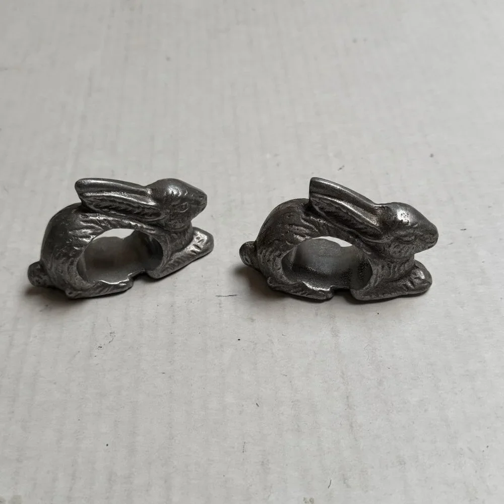 Silver Pewter Rabbits Napkin Ring Holders Set Of 2 Easter Decor Gift Bunny